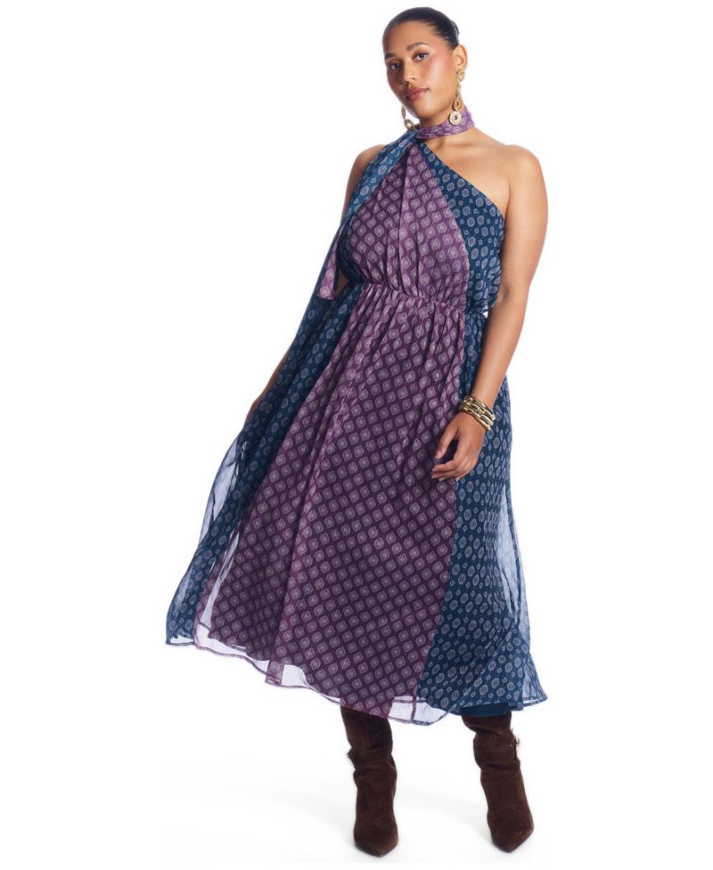 Plus Size One-Shoulder Chiffon Maxi Dress With Neck Tie