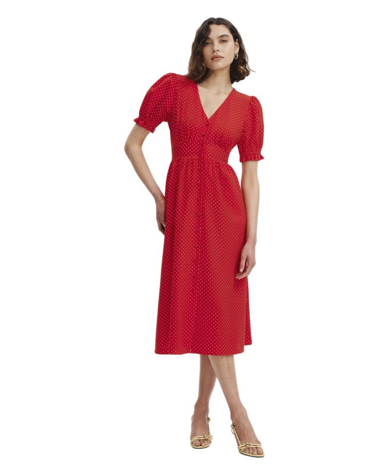 Women's Samantha Polka-Dot Short-Sleeve V-Neck Button Down Midi Dress