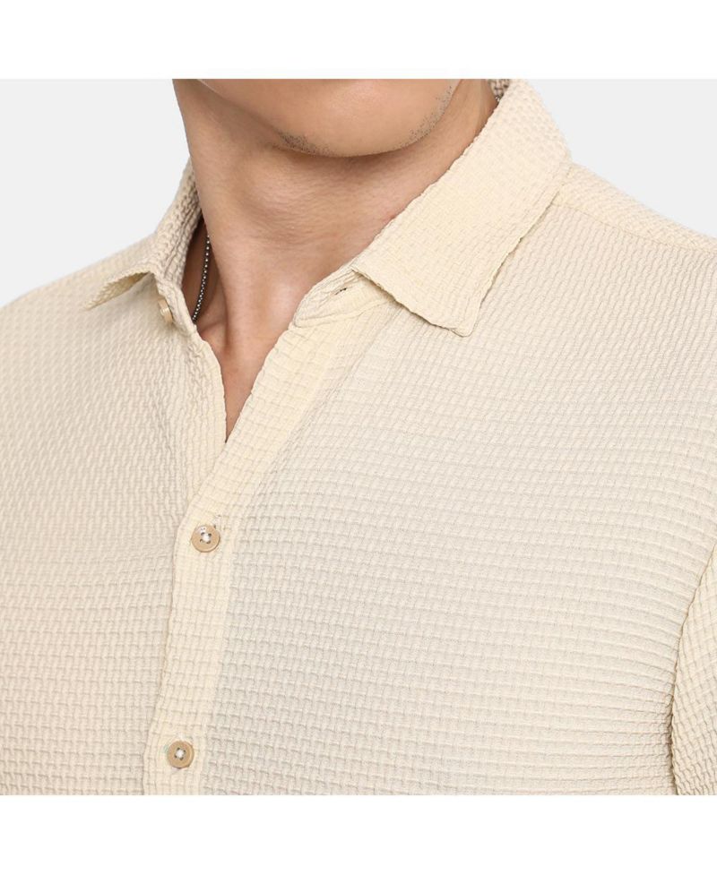 Men's Ivory White Weave-Textured Shirt