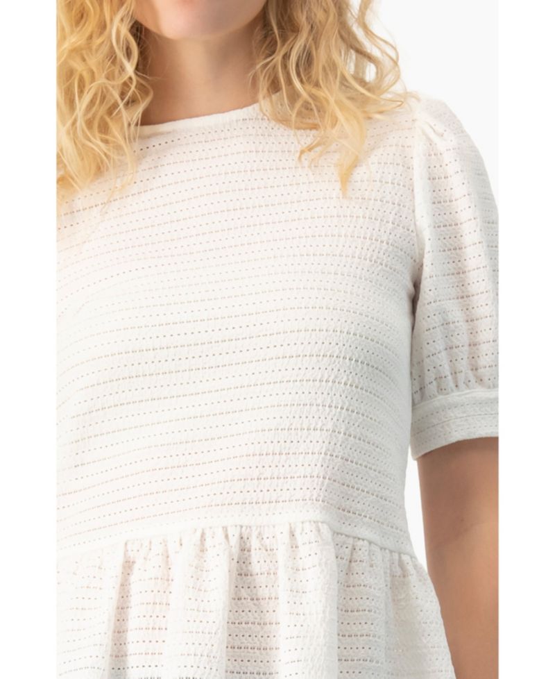 Women's Tonal Stripe Textured See-Through Peplum Short-Sleeve Blouse