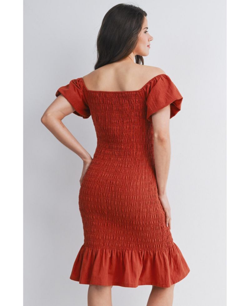 Women's Off-the-Shoulder Smocked Bodycon Midi Dress with Ruffle Hem