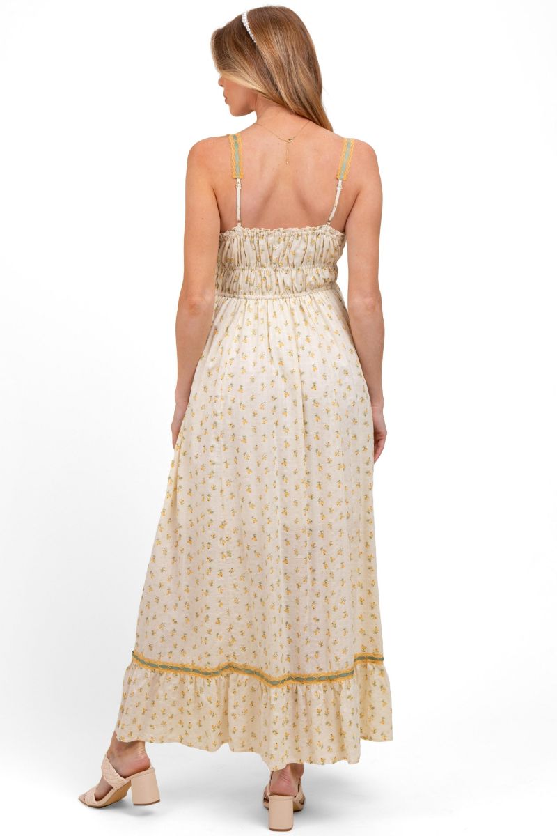 Women's Yellow Floral Ribbon Detail Sleeveless Maxi Dress