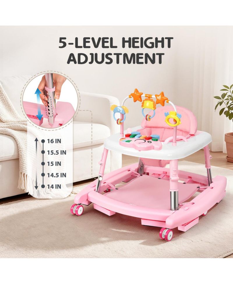 5-in-1 baby walker with adjustable height, activity panel and foldable design