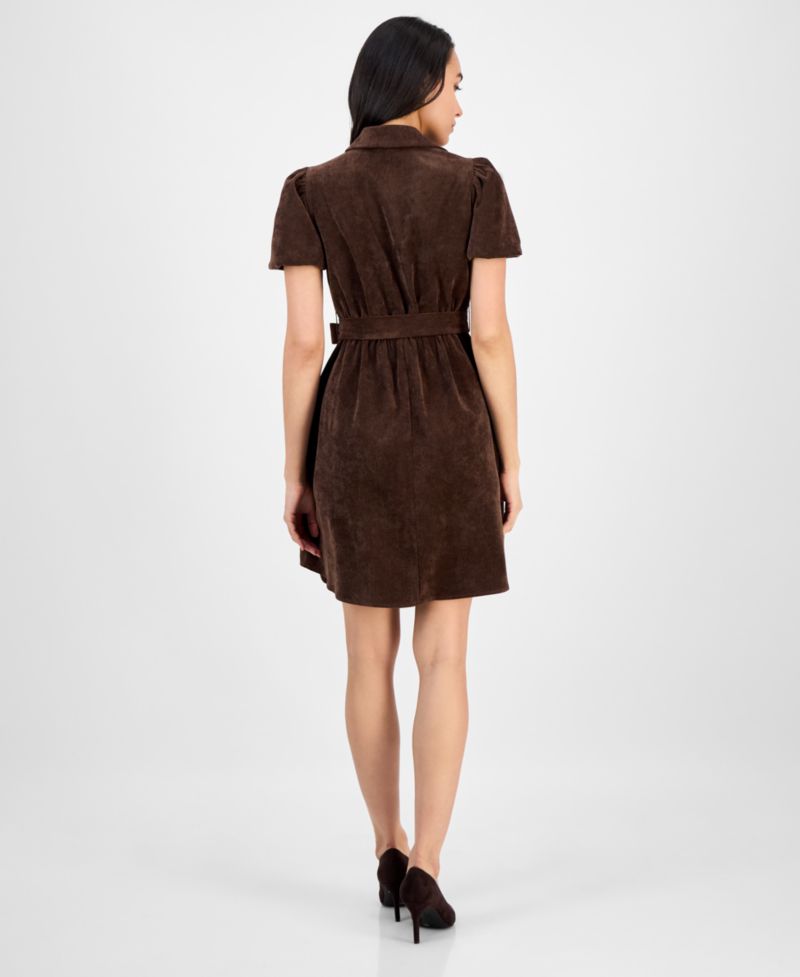 Petite Short-Sleeve Button-Front Corduroy Shirtdress