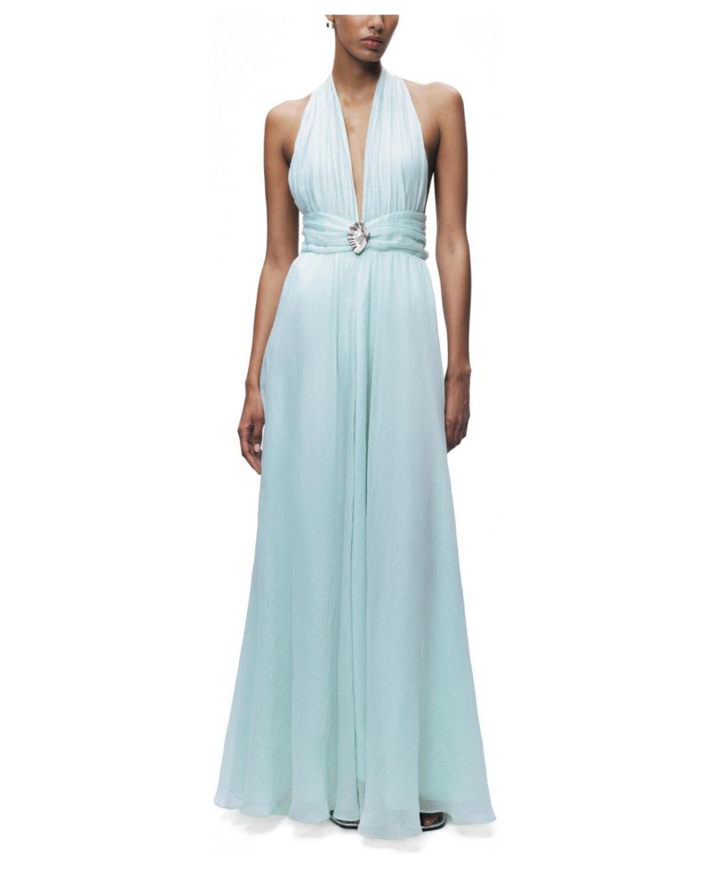 Women's Pleated Halterneck Maxi Dress with Brooch Detail