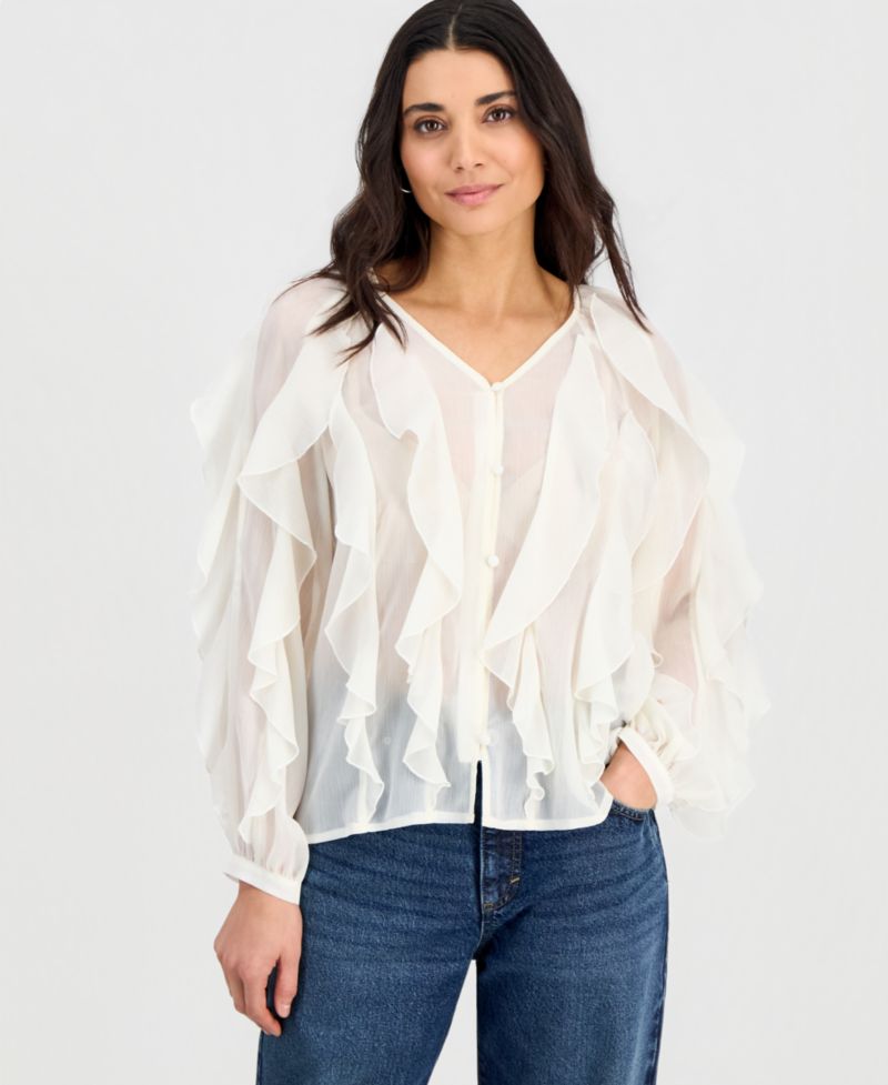 Petite V-Neck Ruffled Blouse