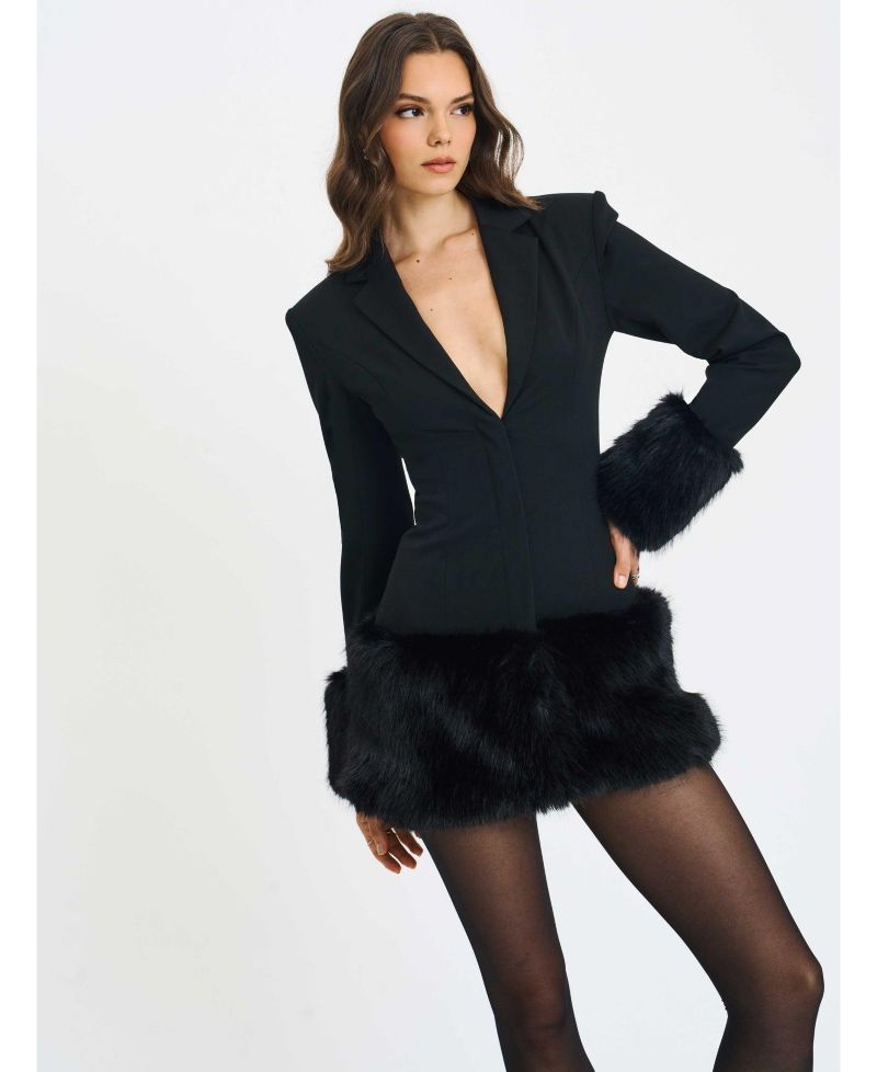 Women Wenona Black Faux Fur Trimmed V-Neck Mini Blazer Dress