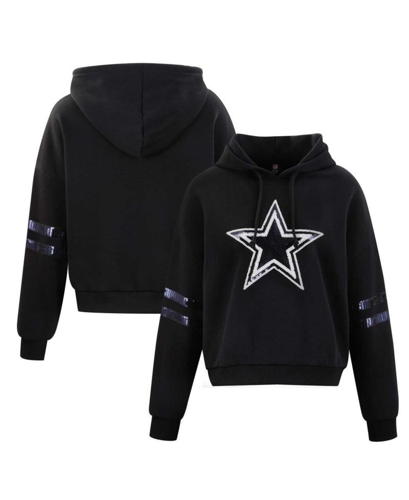 Women's Black Dallas Cowboys Cropped Sequins Pullover Hoodie