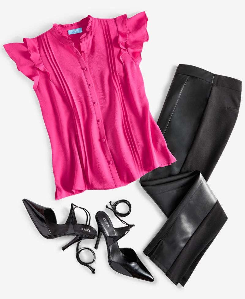 Women's Short Sleeve Pin-tuck Ruffled Button-up Blouse