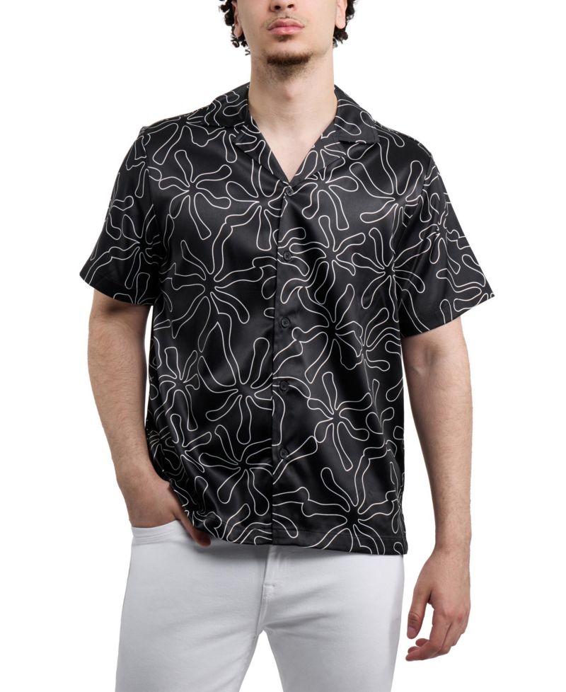 Men's Regular Fit Camp Collar Short Sleeve Printed Woven Satin Shirt