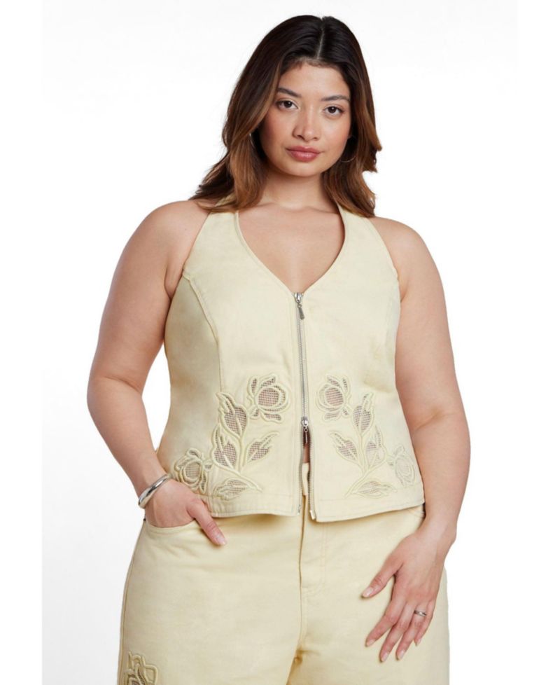 Plus Size Halter Floral-Embroidery Denim Vest