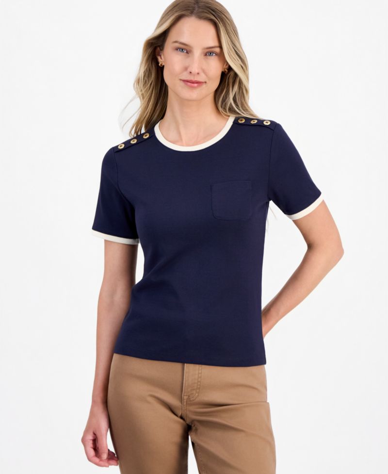 Women's Cotton Button-Shoulder Ringer T-Shirt