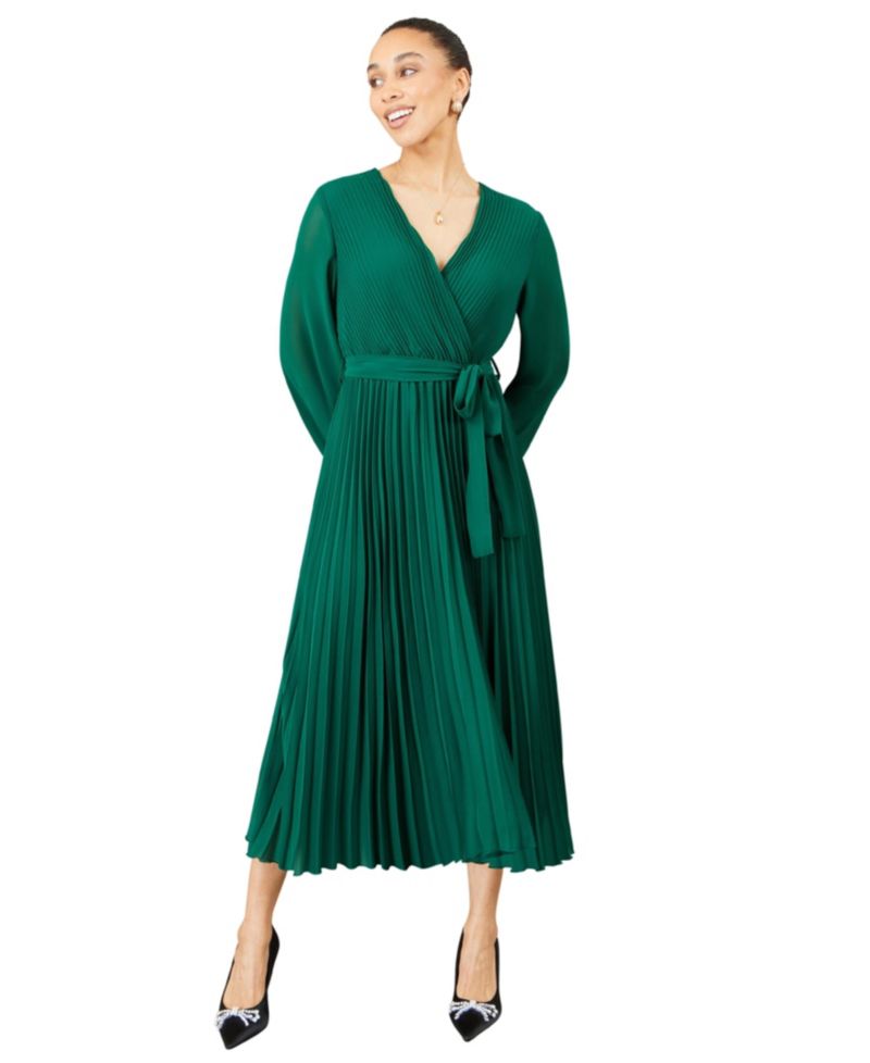 Women's Long-Sleeve V-Neck Pleated Wrap Midi Dress