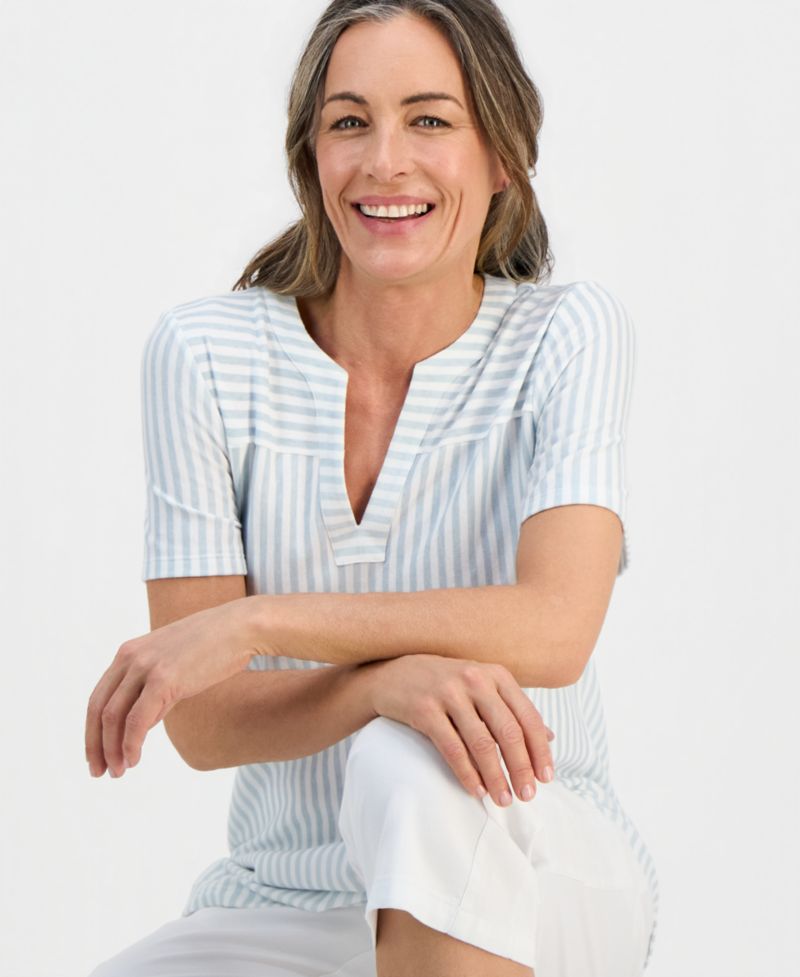 Petite Striped Short-Sleeve Yoke Top