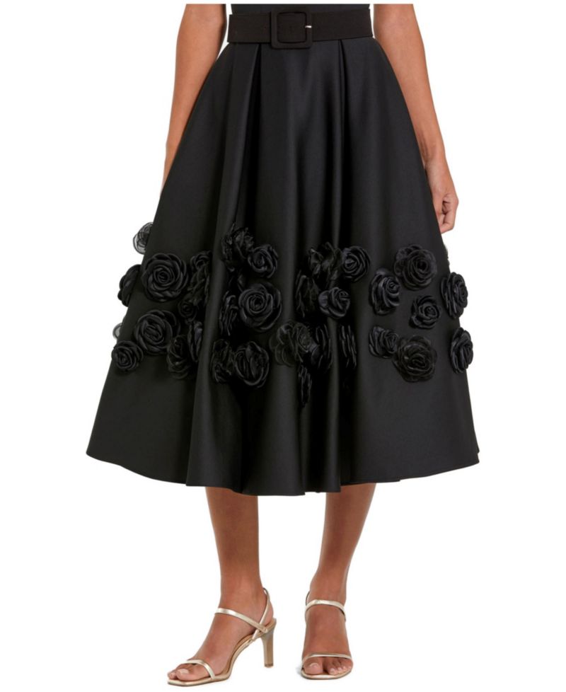 Women's Belted Floral Rosette A-Line Midi Dress