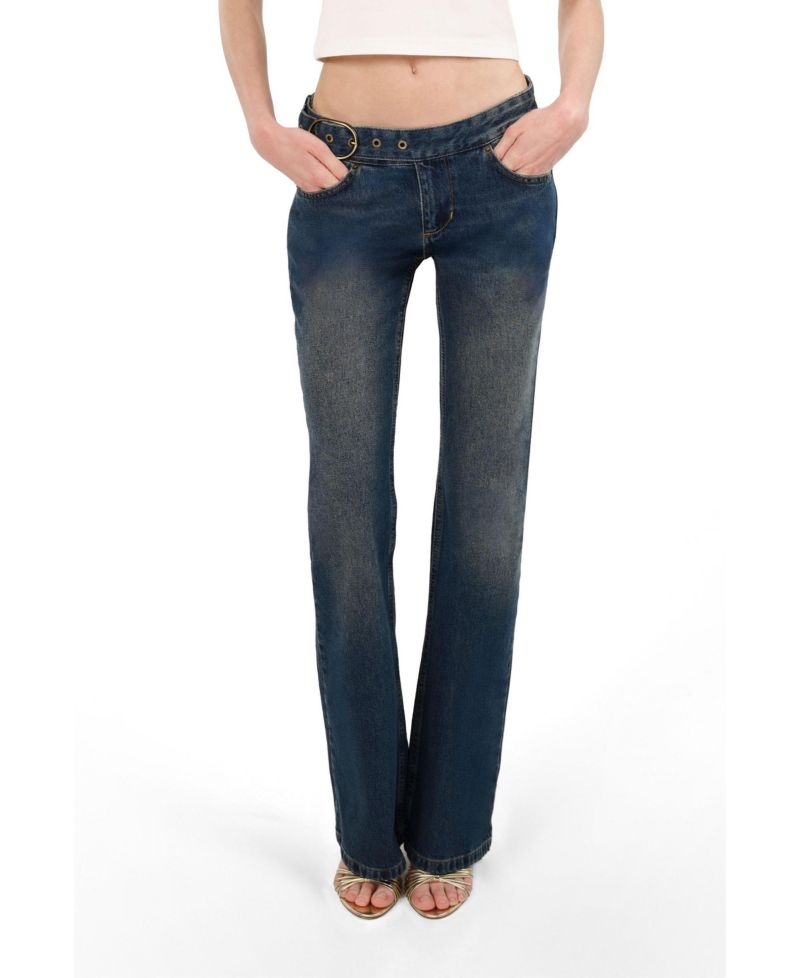 Women's Belted Denim Flare Trousers