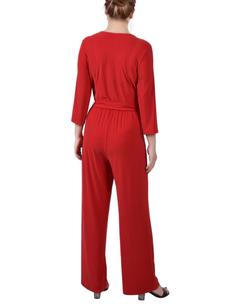Petite 3/4 Sleeve Belted Wide Leg Jumpsuit