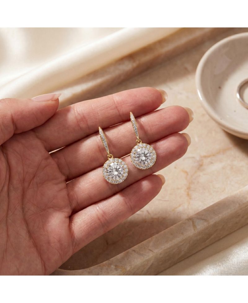 Brilliant Sterling Silver Round CZ Haloed Solitaire Drop Earrings