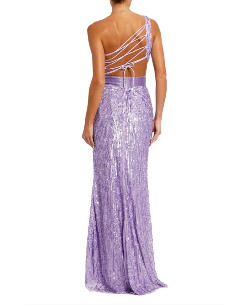 Women's Sequined One Shoulder Draped Lace Up Gown