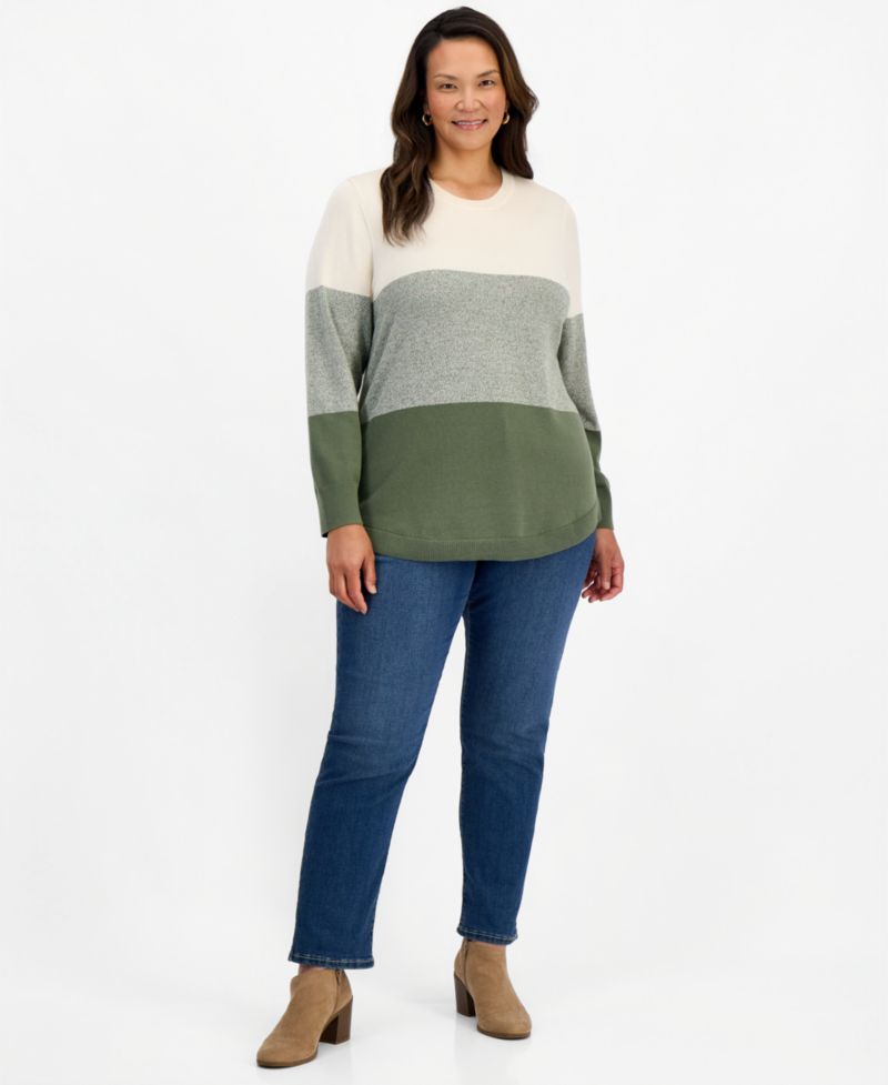 Petite Cotton Colorblocked Curved-Hem Sweater