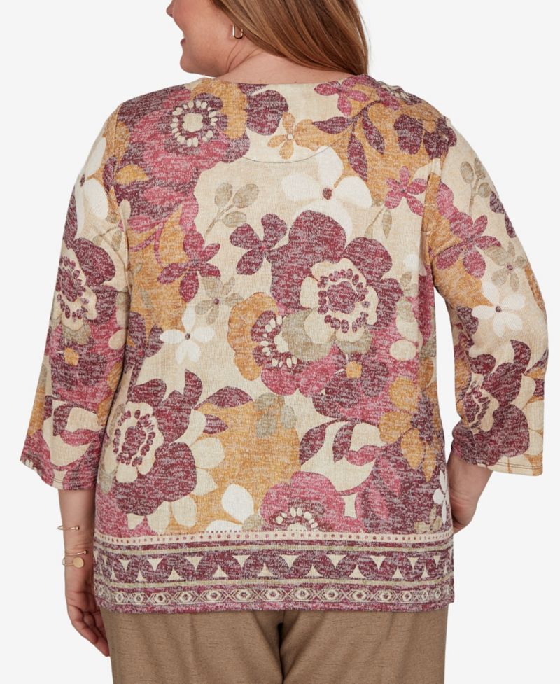 Plus Size Floral-Print Geometric-Border 3/4-Sleeve Top