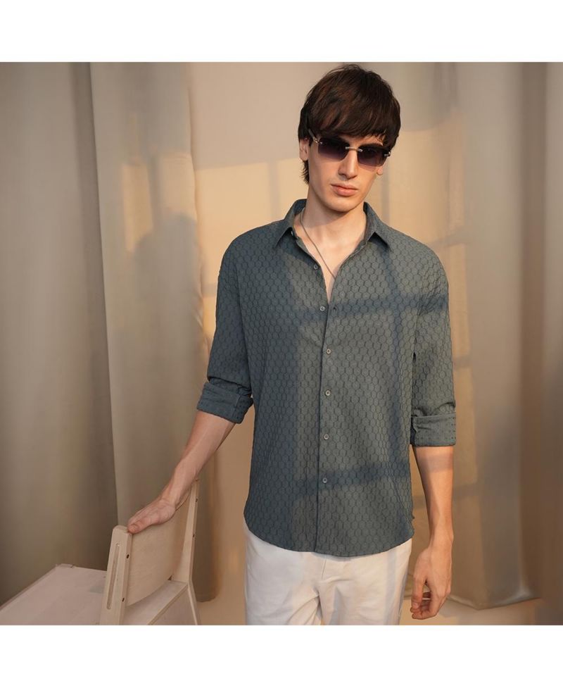 Men's Charcoal Grey Honeycomb-Textured Oversized Shirt