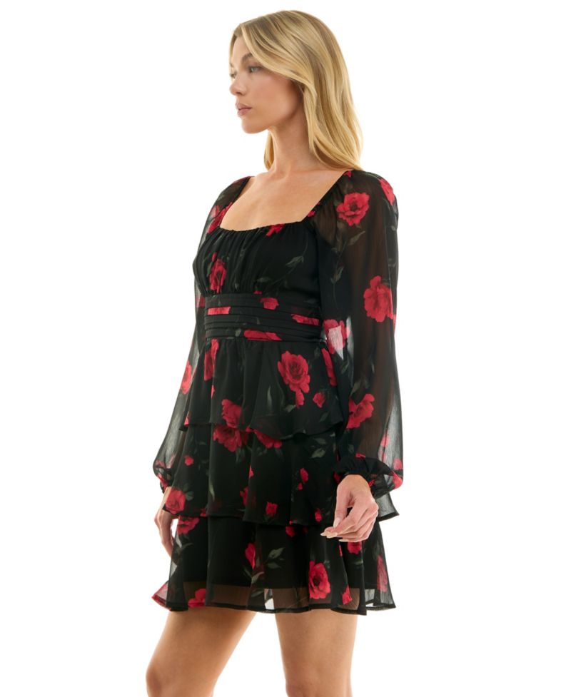 Juniors' Long-Sleeve Pleated-Waist Tiered Dress