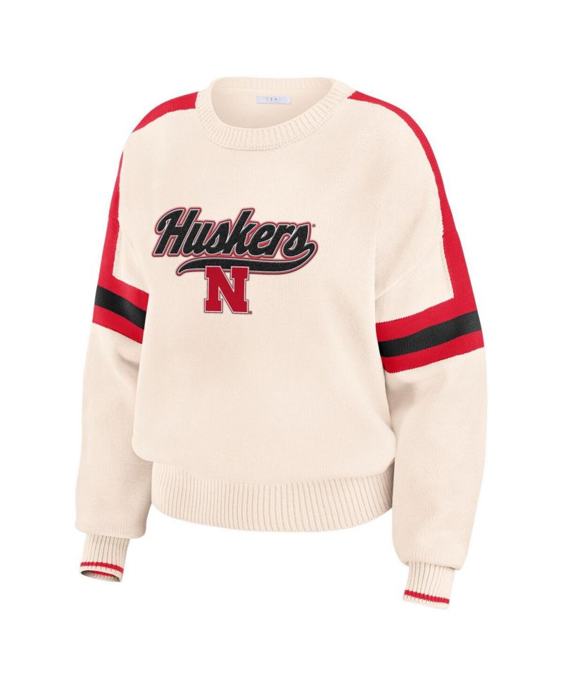 Women's Cream Nebraska Huskers Chenille Woven Patch Stripe Pullover Sweatshirt