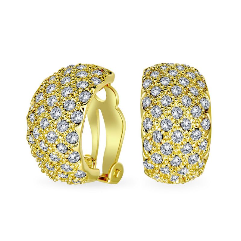 Cocktail Wide Pave Gold Encrusted Crystal Half Dome Clip On Earrings