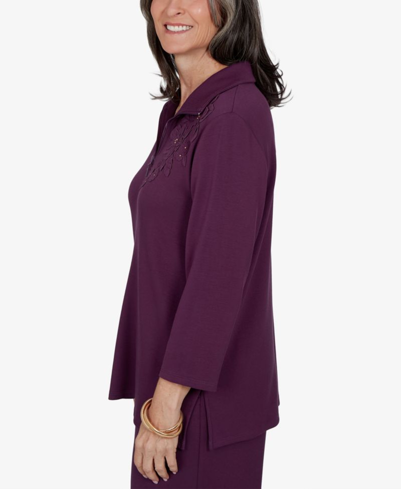 Petite 3/4-Sleeve Floral-Applique Knit Top