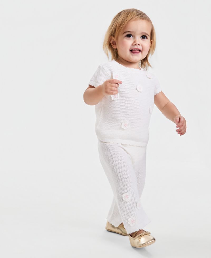 Baby Girls' Crochet Floral Sweater and Pants, 2-Piece Set
