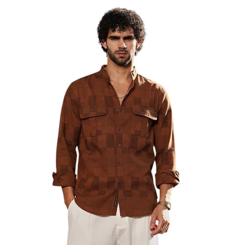 Men's Russet Brown Mandarin Utility Shirt