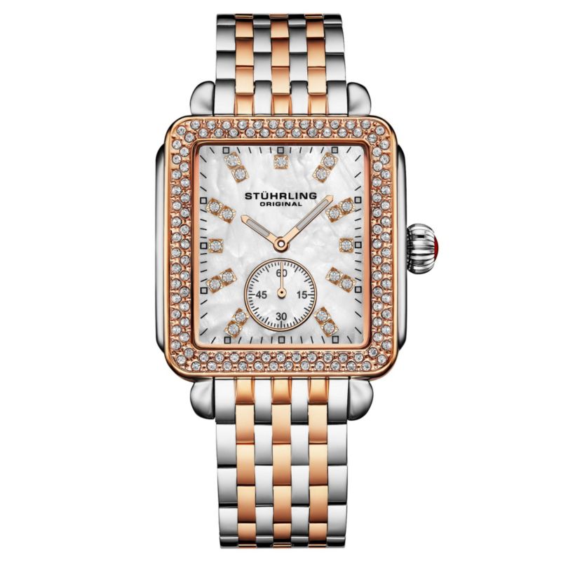 Women s 4090 34mm Crystal-Accented Rectangular Stainless Steel Bracelet Watch with Mother-of-Pearl Dial