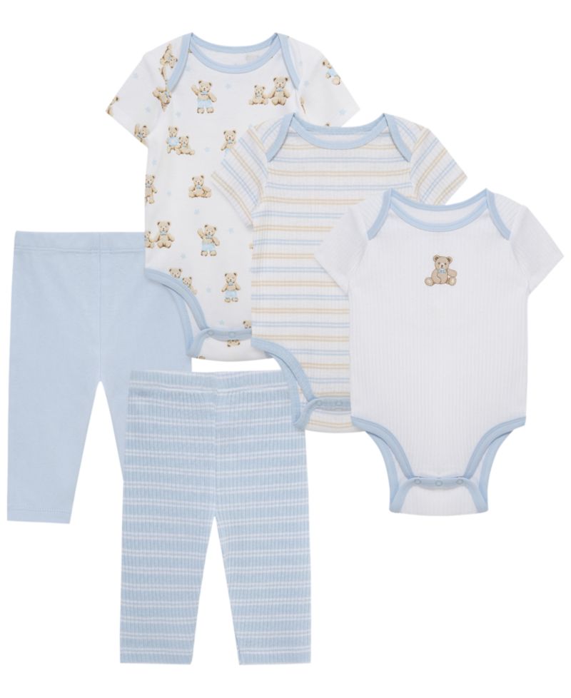 Baby Boys' Cotton Short-Sleeve Bodysuit and Pants, 5-Piece Set