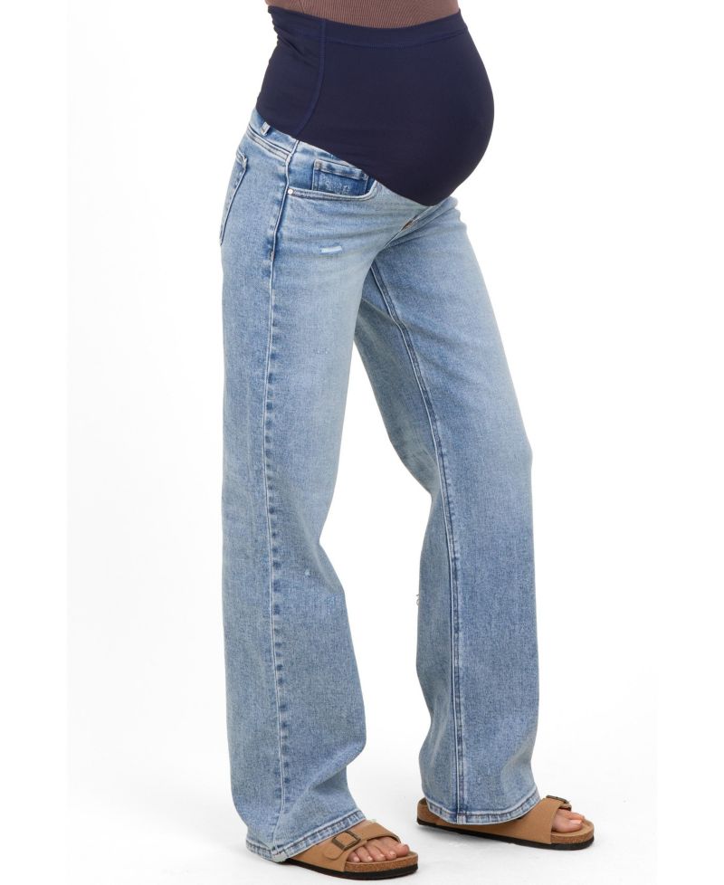 Women's Blue Lightly Distressed Wide Leg Jeans