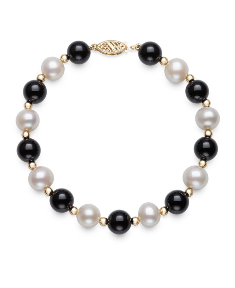 Freshwater Pearl (7.5-8.5mm), Black Onyx and Gold Bead Bracelet in 10k Yellow Gold