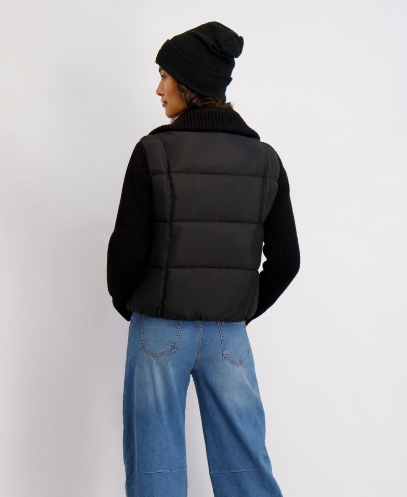 Women's Mixed Media Short Puffer with Knit Sleeves and Collar
