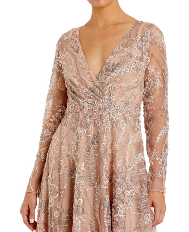 Women's Floral Embroidered V-Neck Long Sleeve Midi Dress