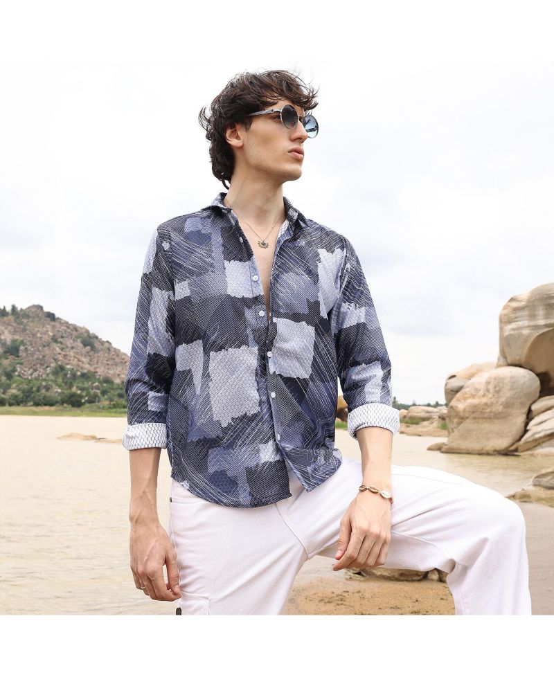 Men's Navy Blue Abstract Block Shirt