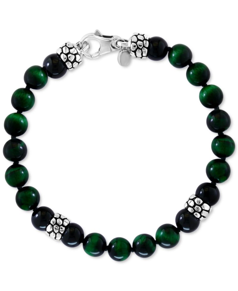EFFY® Men's Green Tiger Eye & Onyx Bead Bracelet in Sterling Silver
