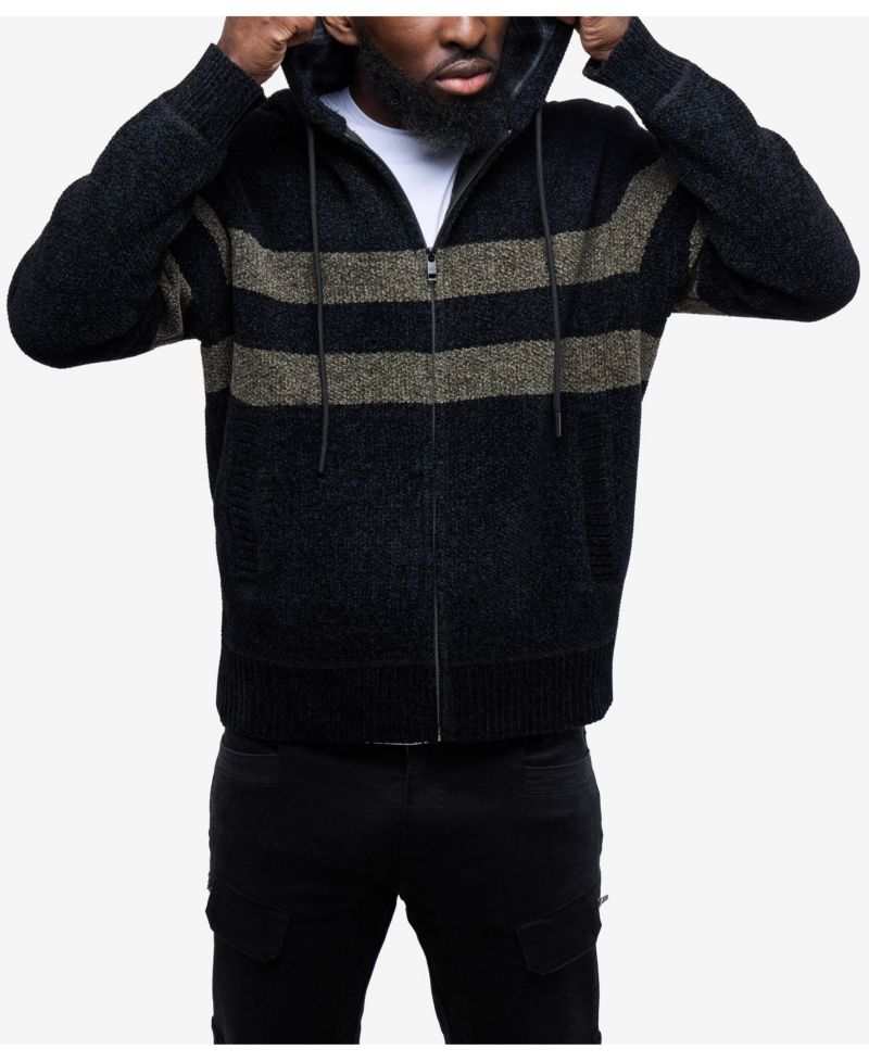 Men's Full Zip Hooded Sweater With Stripes And Flannel Lining