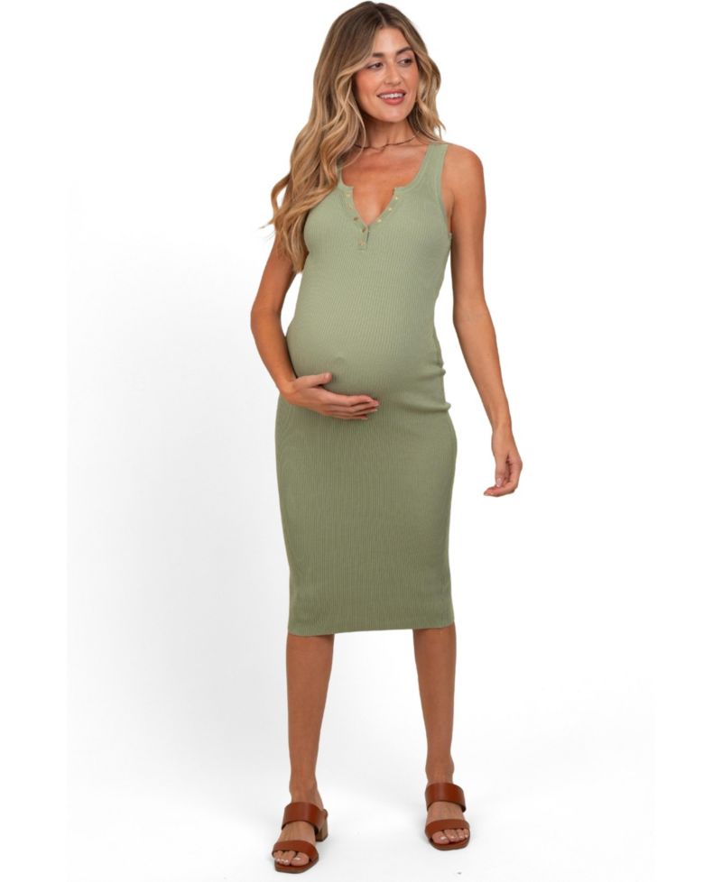 Women's Light Olive Ribbed Fitted Sleeveless Snap Button Dress