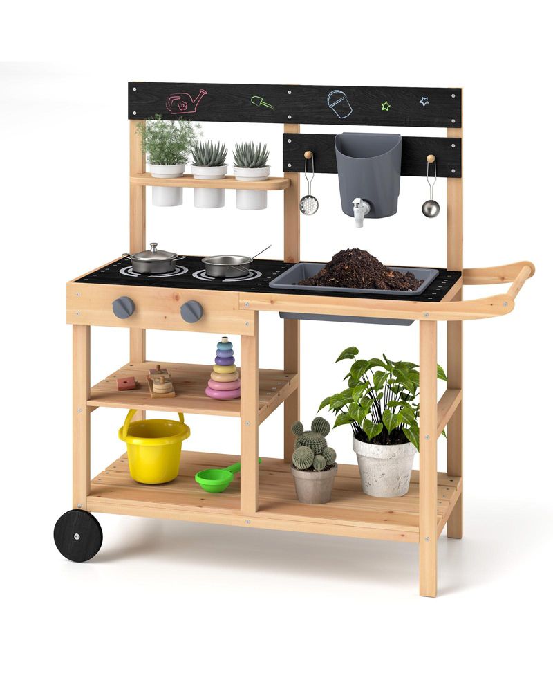 Mud Kitchen Fir Wood with Wheels Outdoor Play Kitchen with Planting Pots