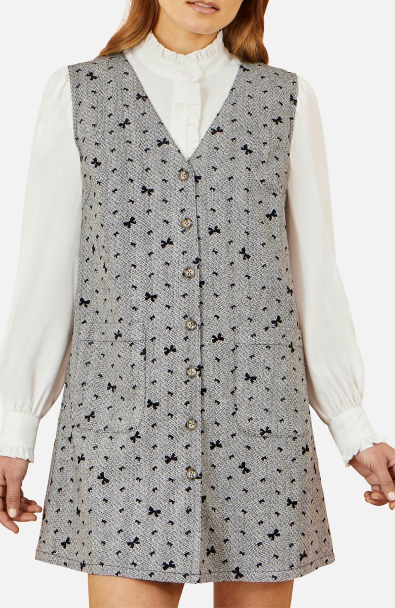 Women's Bow Print Button Up Pinafore Dress