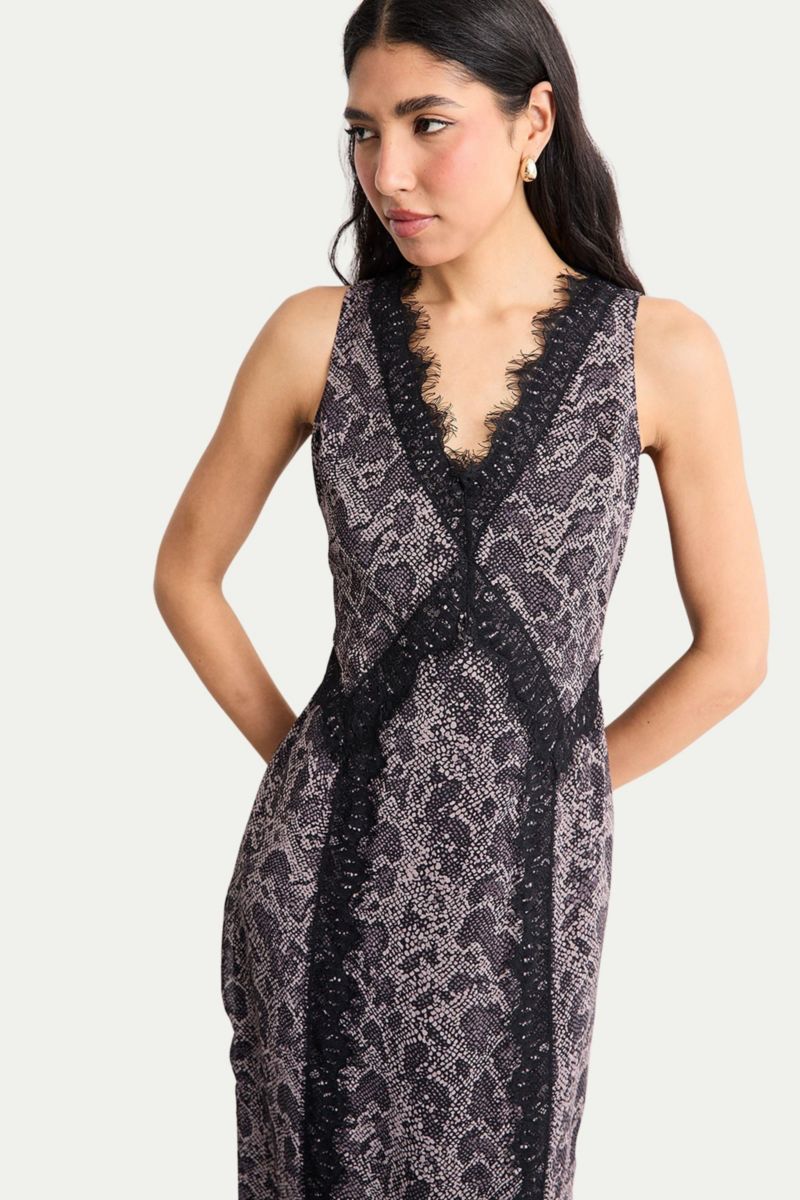 Women's Chiffon Printed Lace Trim Dress