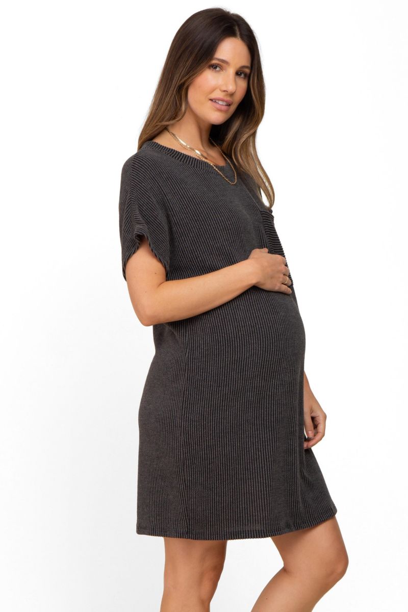 Women's Charcoal Ribbed Front Pocket Dolman Short Sleeve Dress