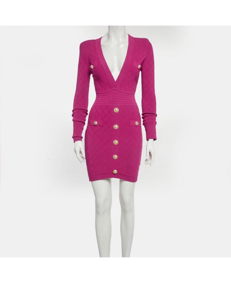 Women's Fuchsia Jacquard Knit Button Detail Mini Dress