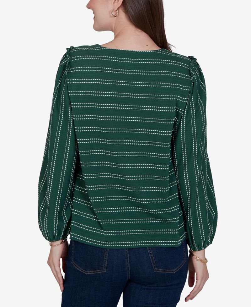 Petite Long-Sleeve Dobby-Stripe Crewneck Blouse