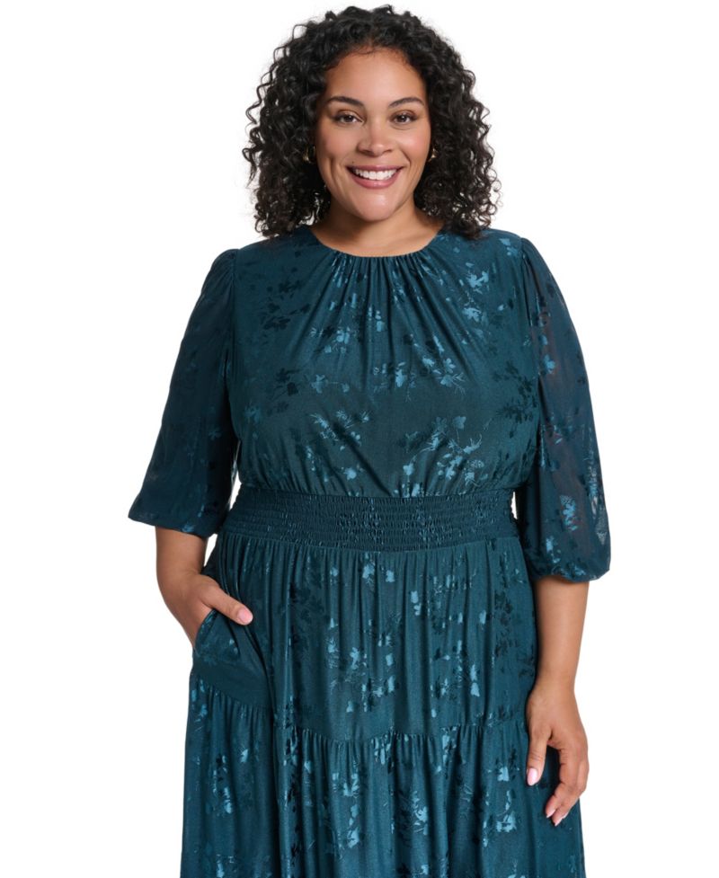 Petite 3/4-Sleeve Smocked Floral Midi Dress