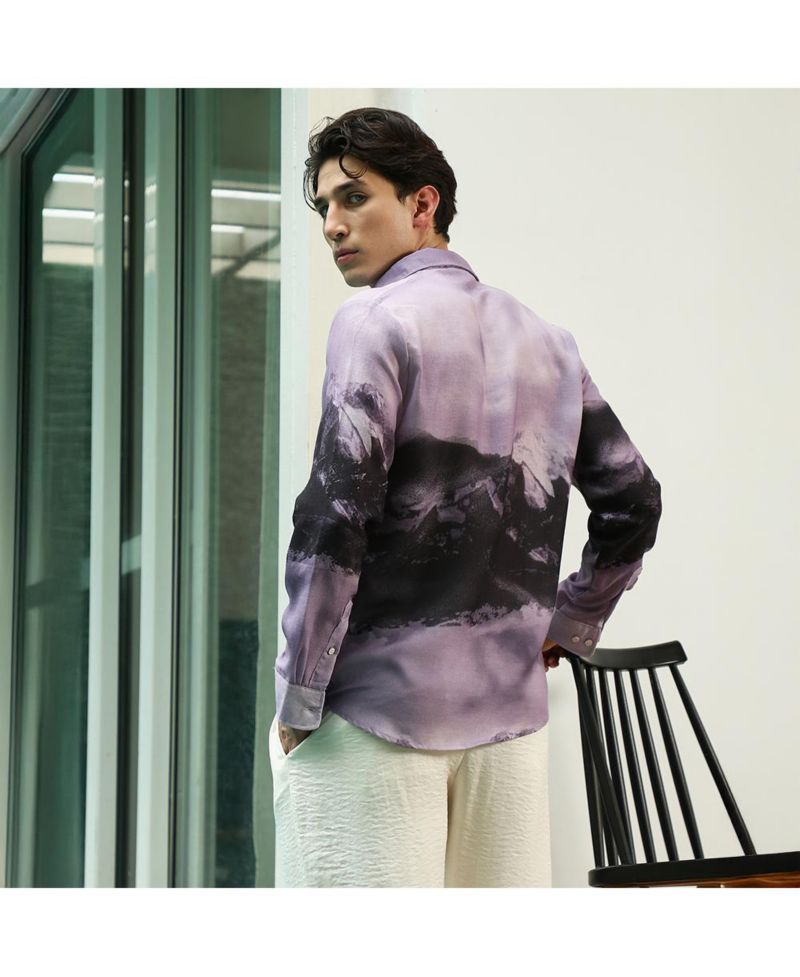 Men's Purple Floral Printed Shirt With Spread Collar